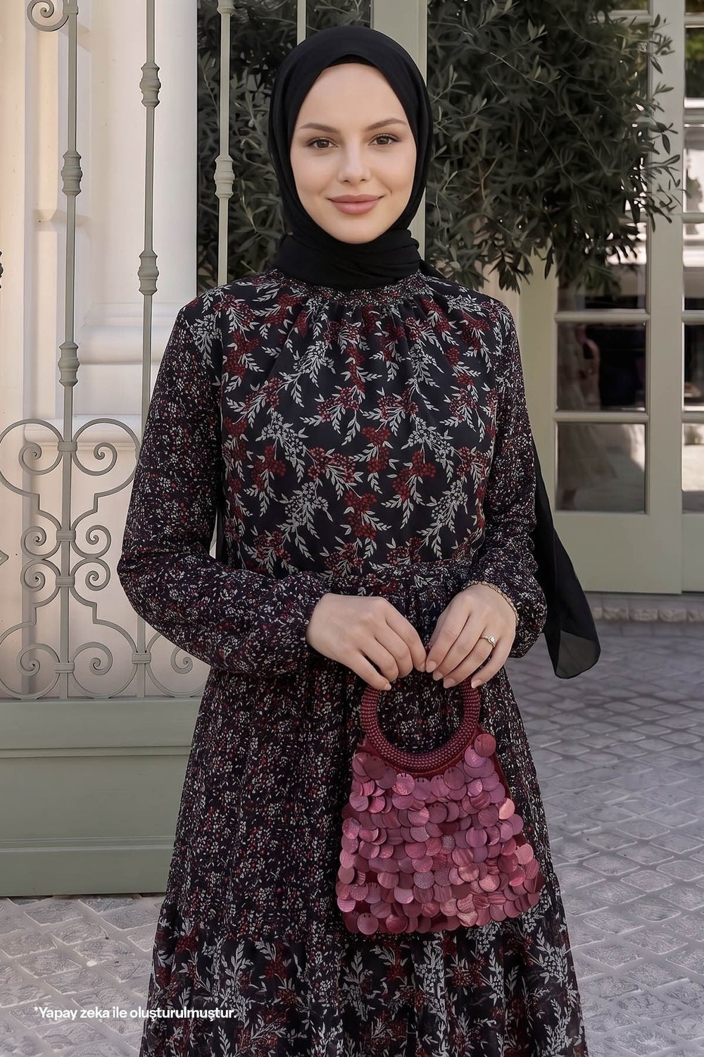 Nessa Çiçekli Kuşaklı Şifon Elbise - Siyah