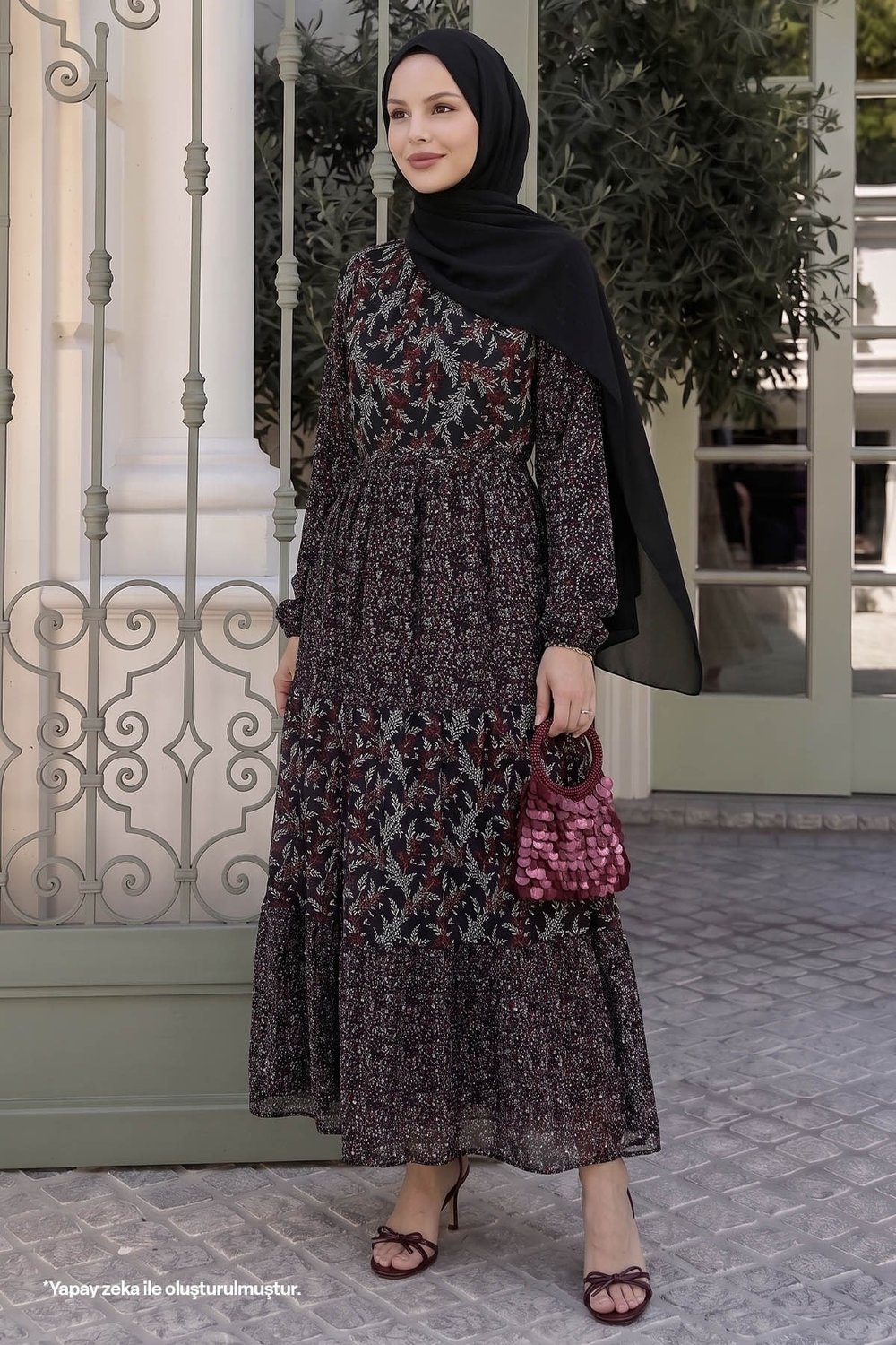 Nessa Çiçekli Kuşaklı Şifon Elbise - Siyah