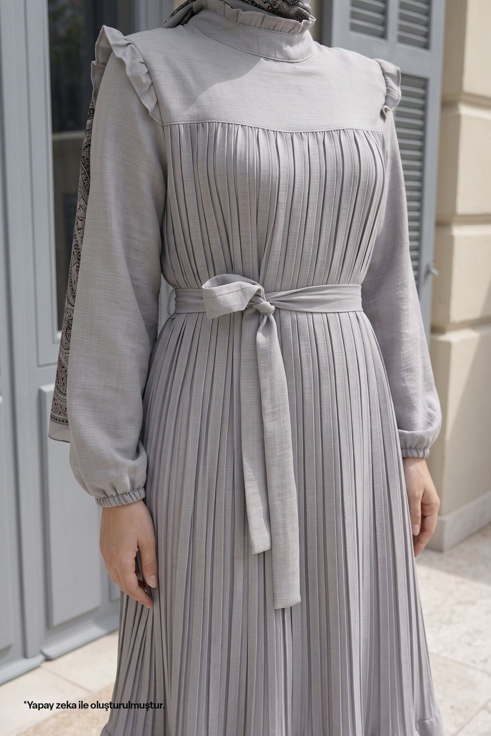 Shoulder Ruffle Pleated Linen Gray Dress
