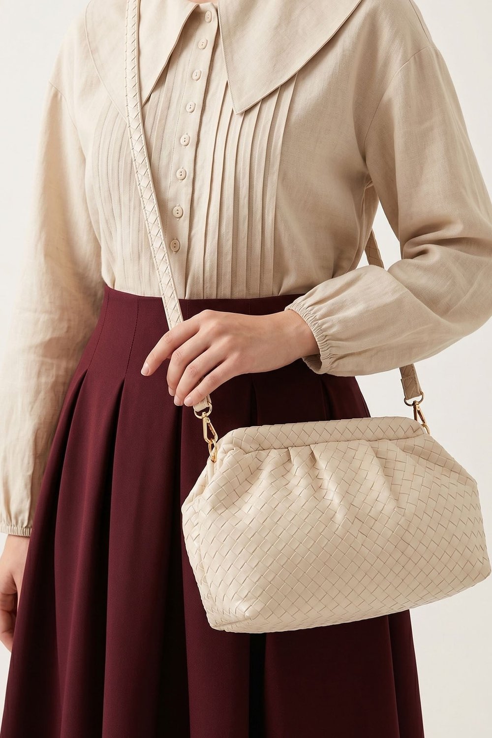 Örgü Desen Dokulu Krem Clutch Çanta