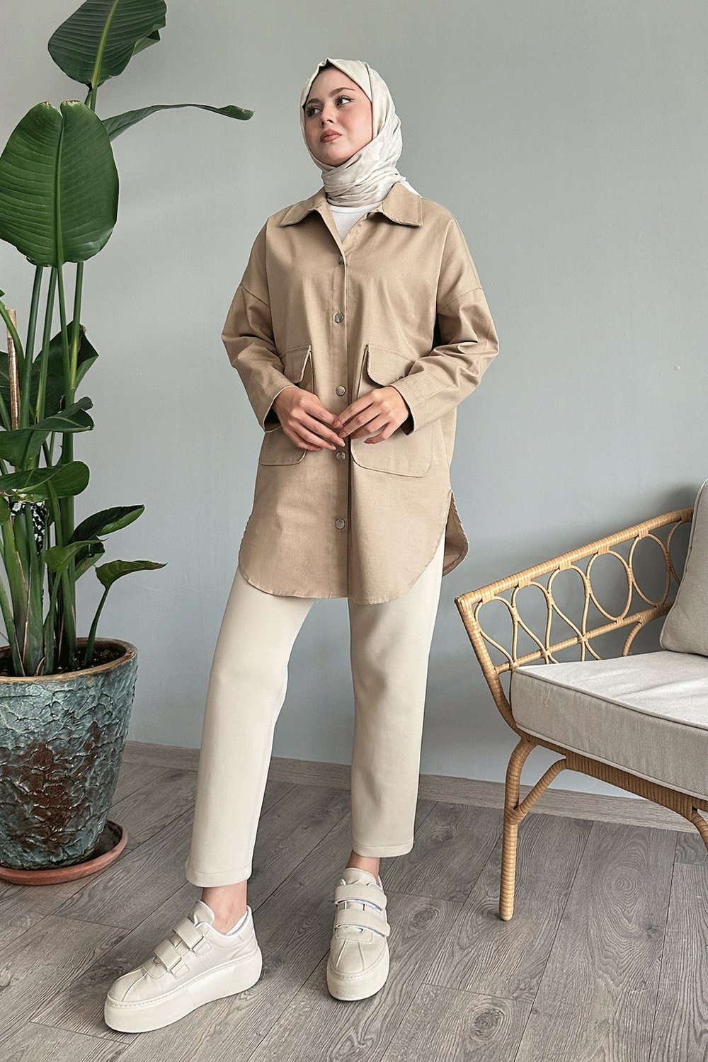 Oversize Gabardin Krem Ceket