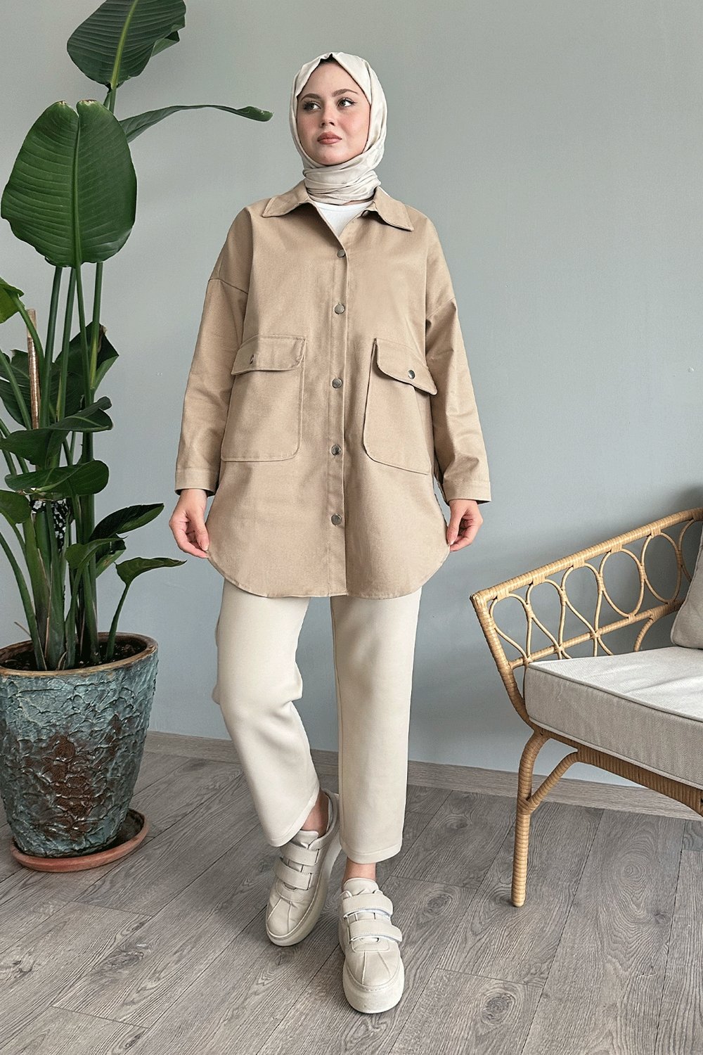 Oversize Gabardin Krem Ceket