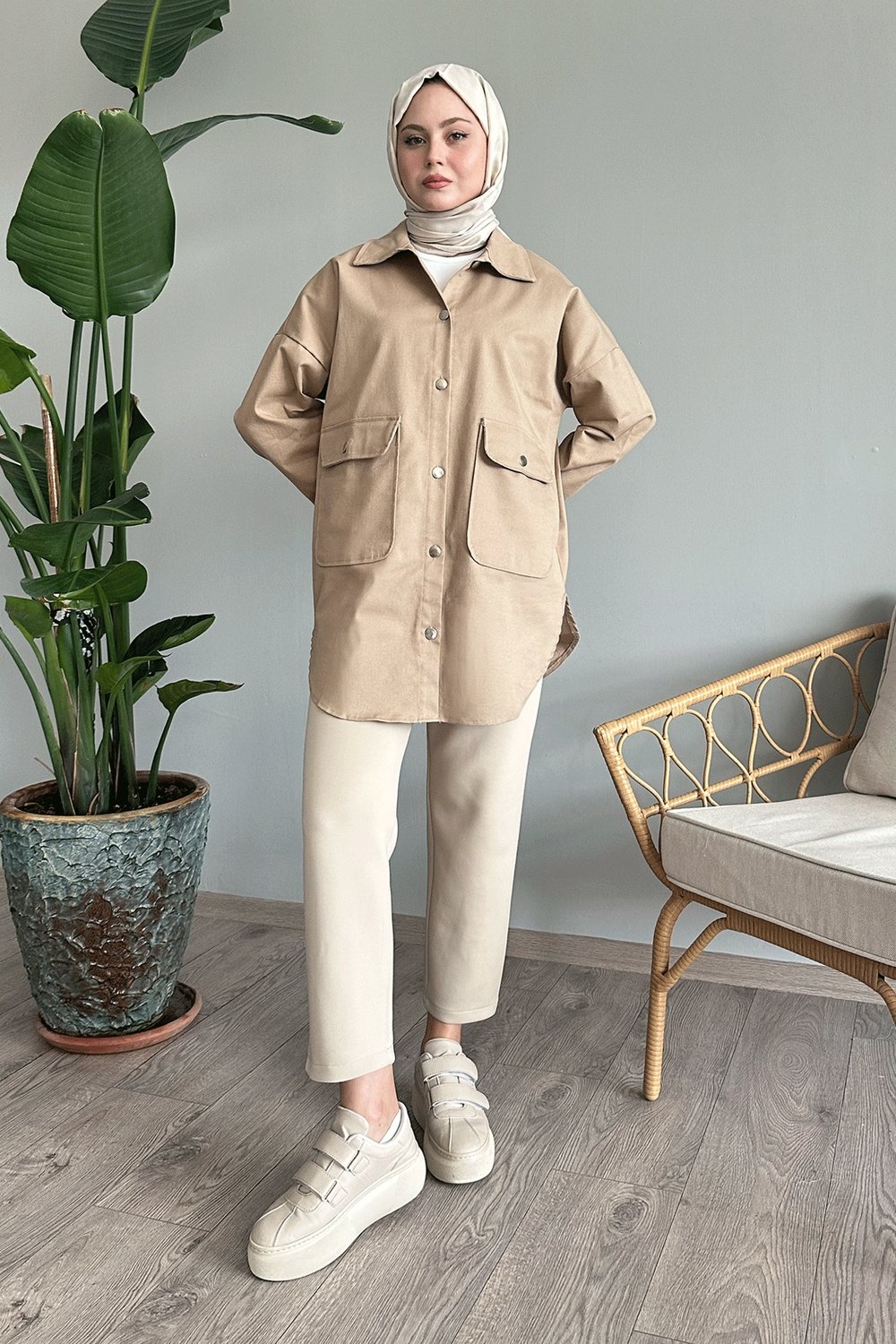 Oversize Gabardin Krem Ceket