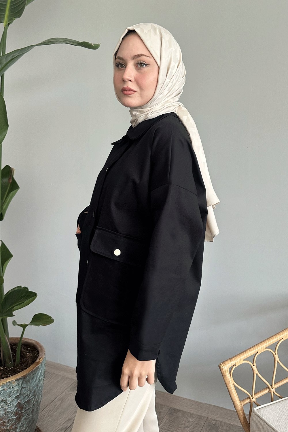 Oversize Gabardin Siyah Ceket