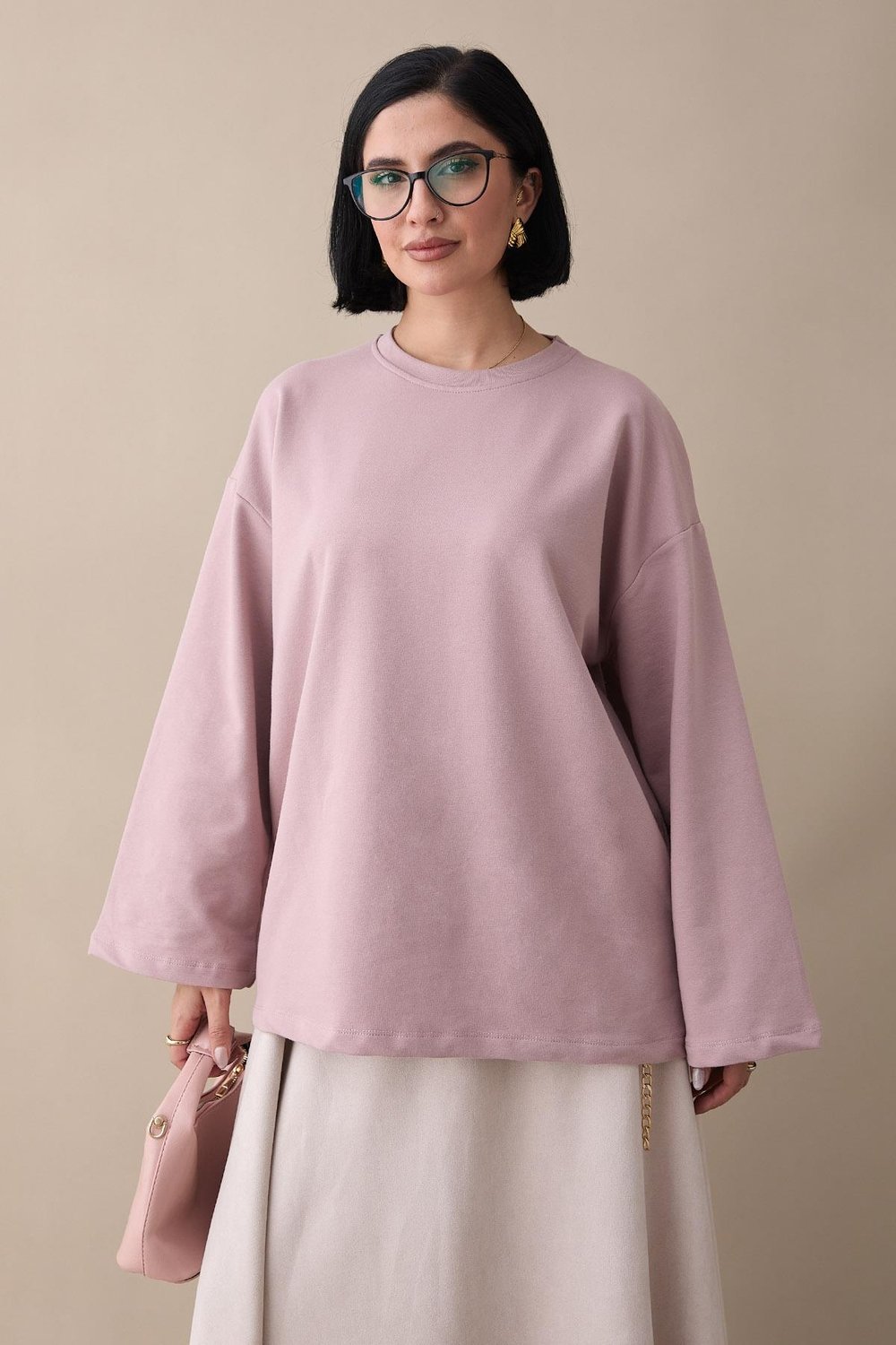 Oversize Geniş Kol Gül Kurusu Sweat
