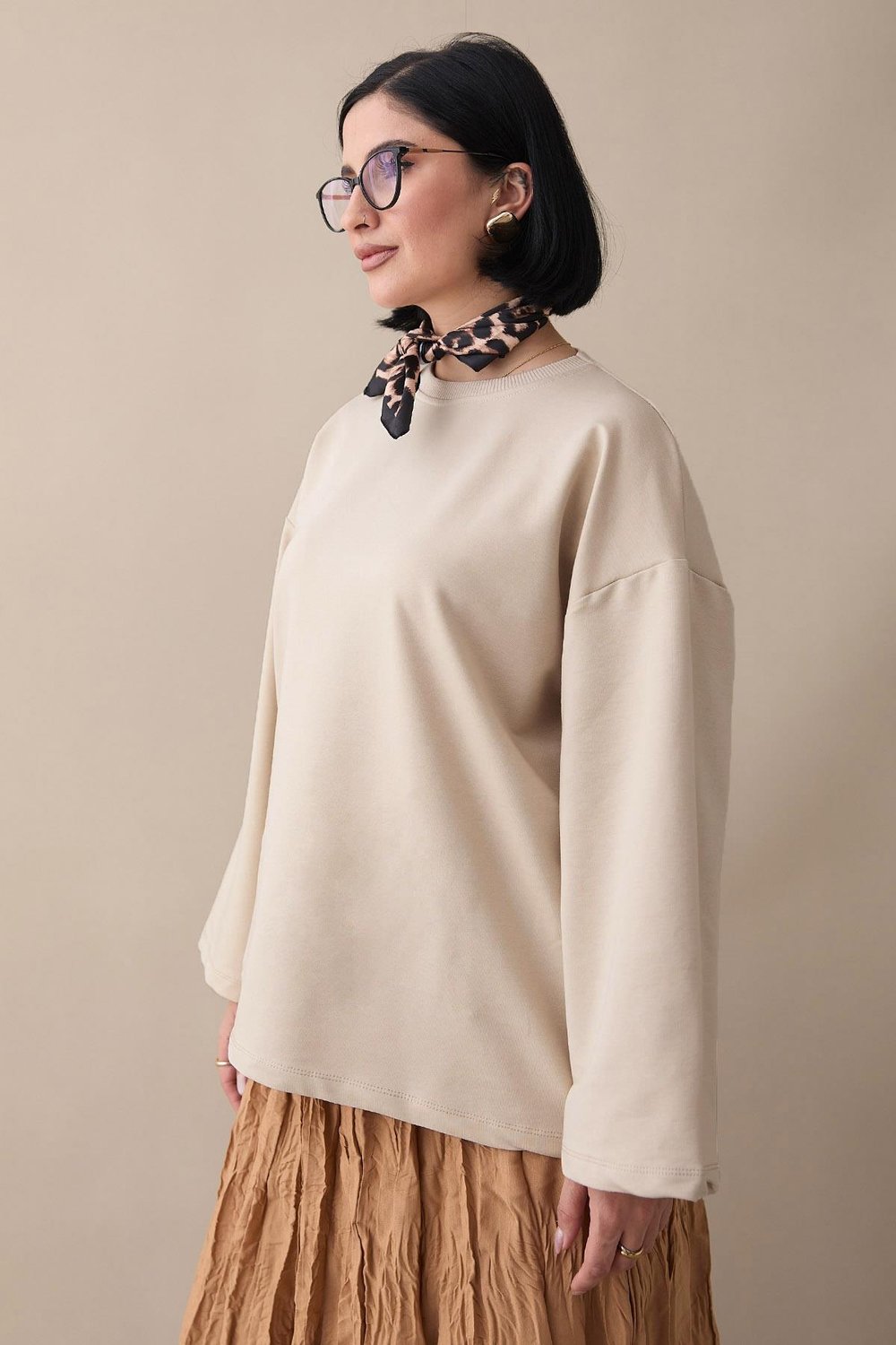 Oversize Geniş Kol Koyu Bej Sweat