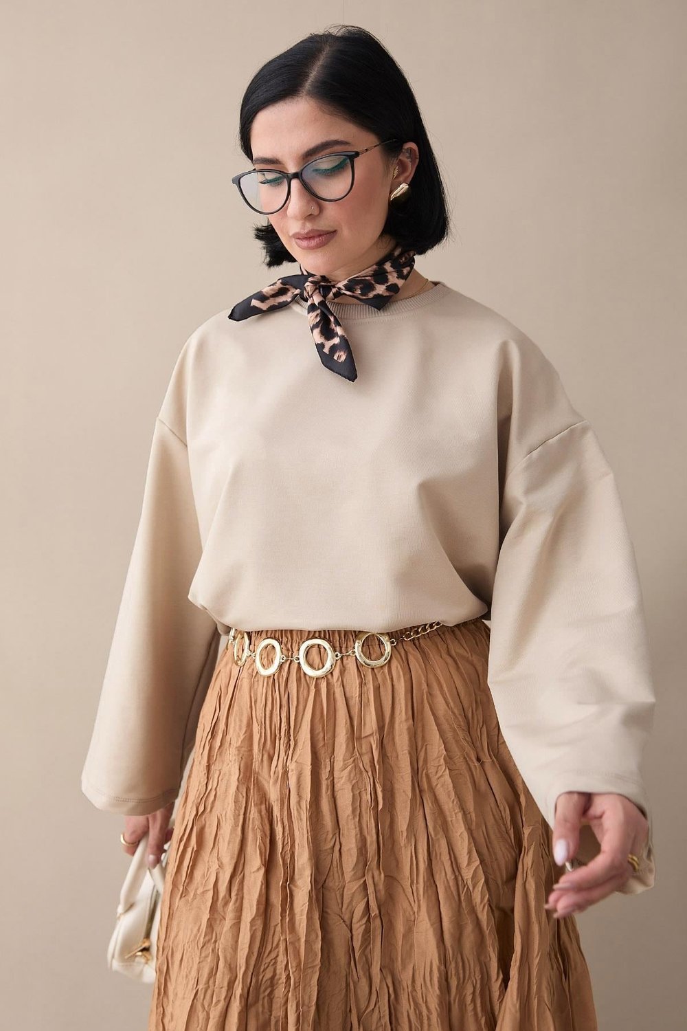 Oversize Geniş Kol Koyu Bej Sweat