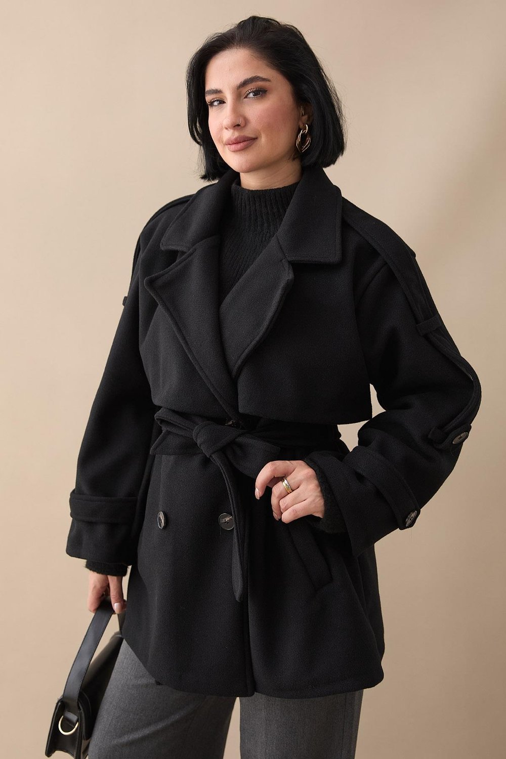 Oversize Kaşe Kumaş Siyah Kısa Kaban