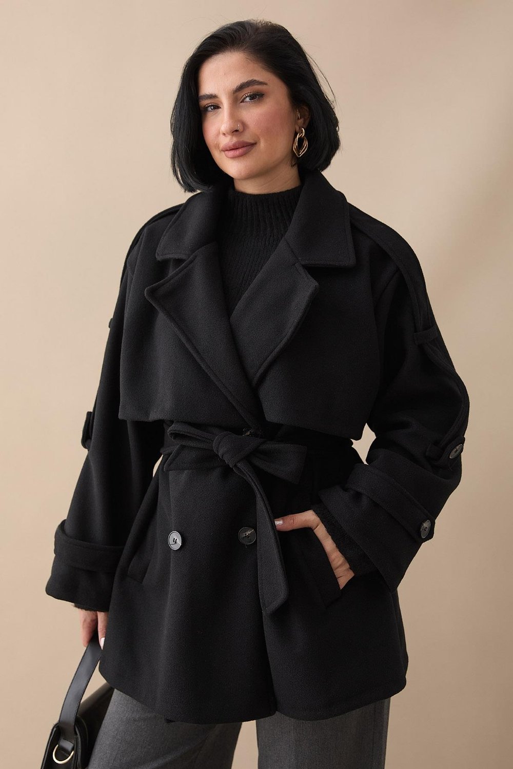 Oversize Kaşe Kumaş Siyah Kısa Kaban