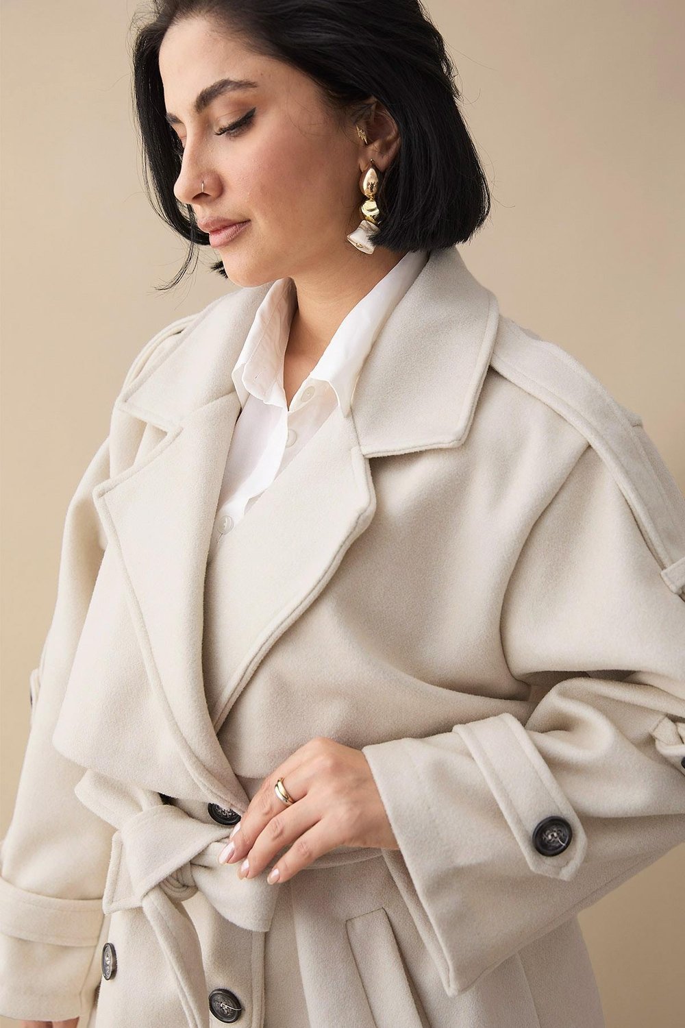Oversize Kaşe Kumaş Astarsız Taş Kısa Kaban