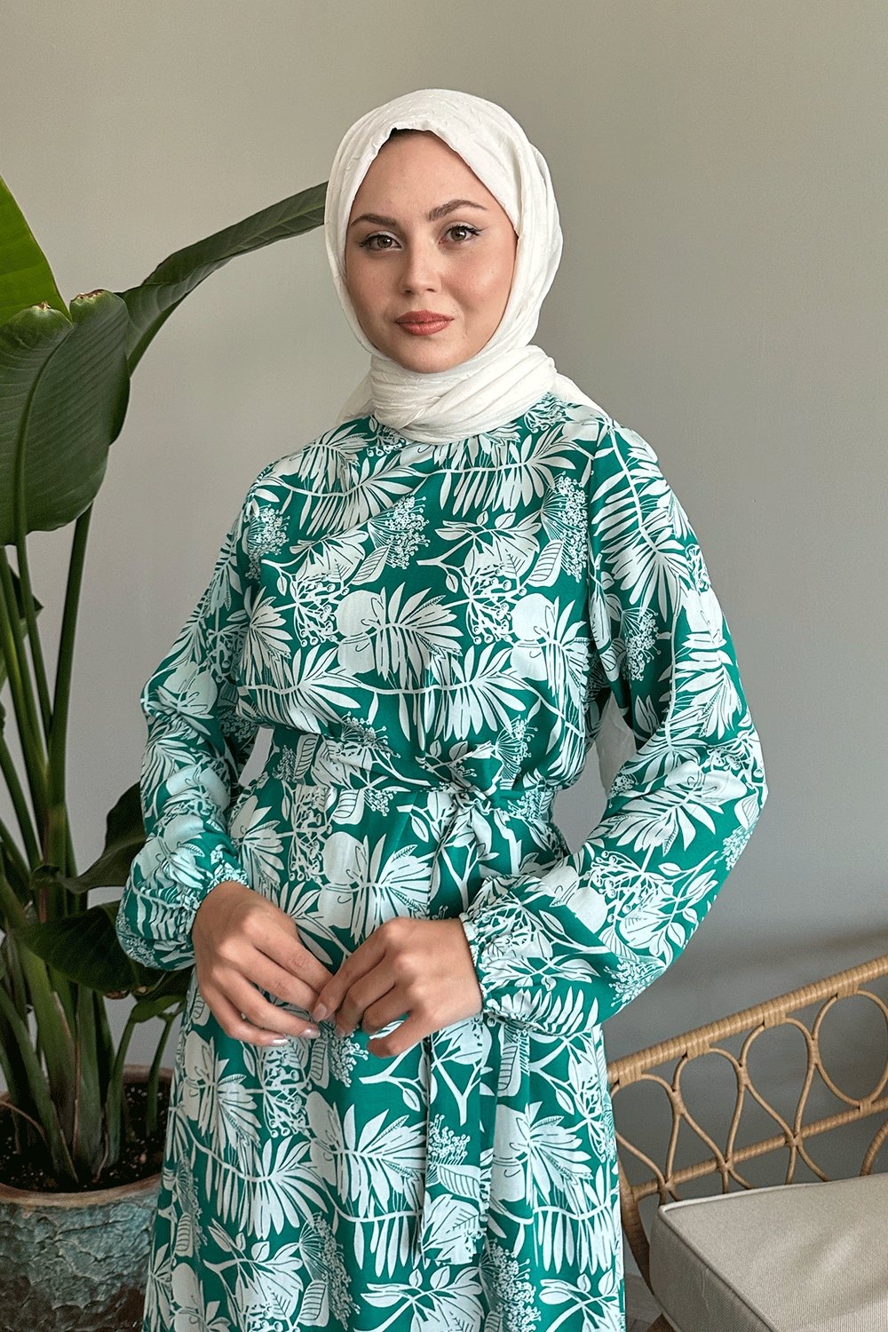 Palmiye Desen Mint Yeşili Viskon Elbise