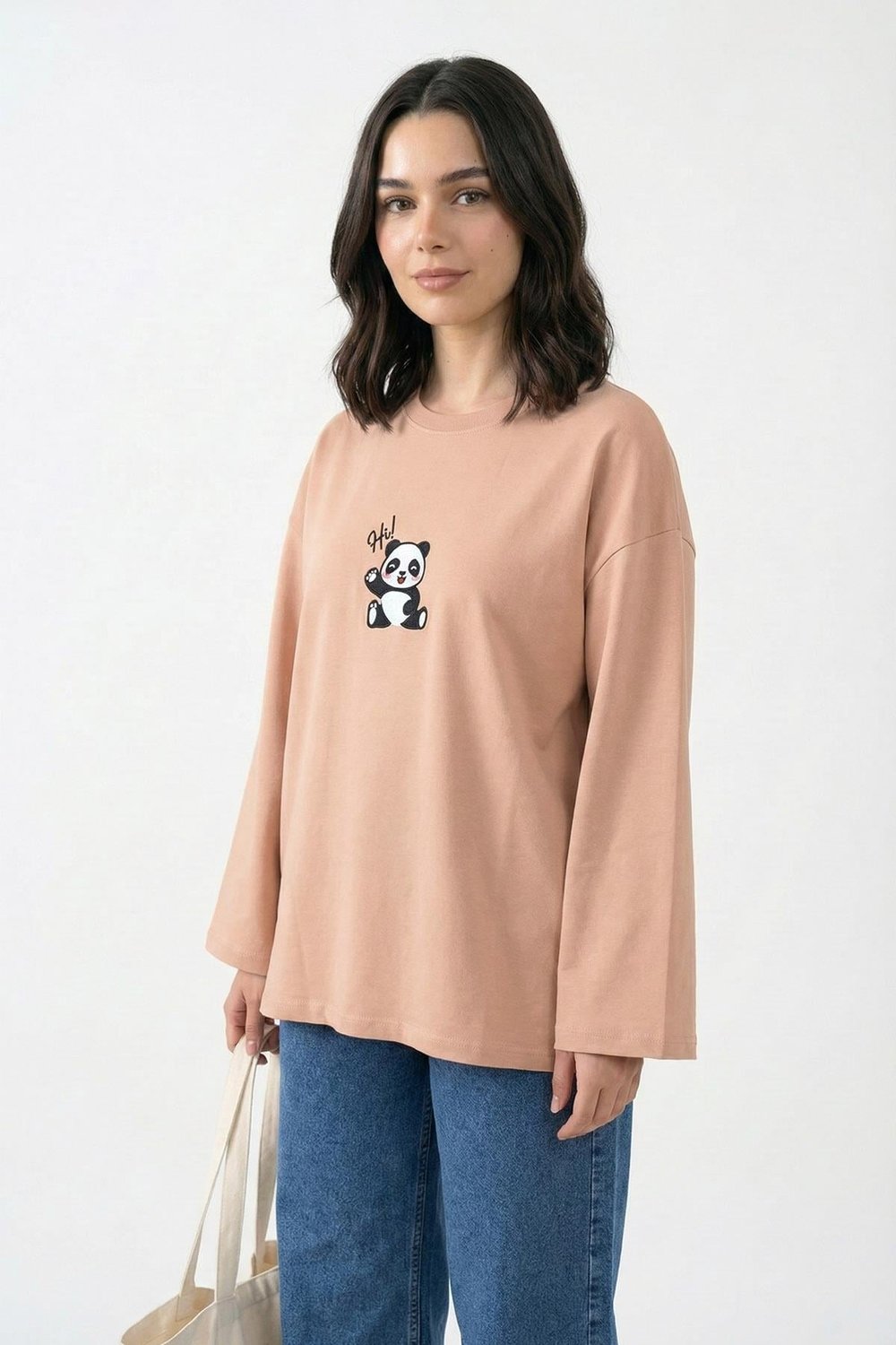 Panda Nakışlı Oversize Somon Sweat