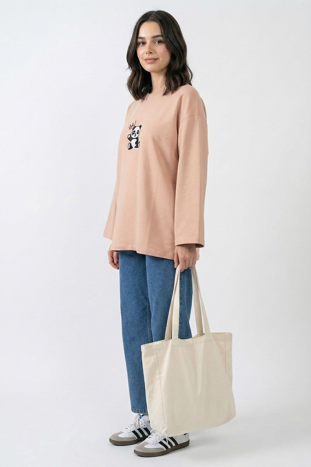 Panda Nakışlı Oversize Somon Sweat