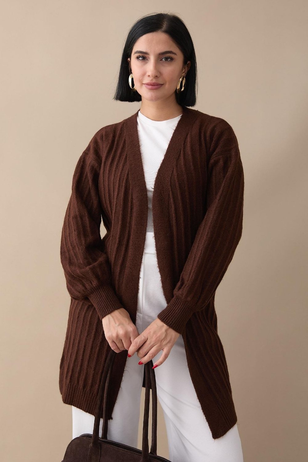 Peluş Fitilli Acı Kahve Triko Hırka