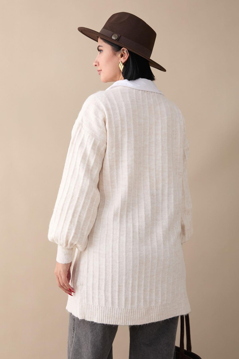 Peluş Fitilli Ekru Triko Hırka