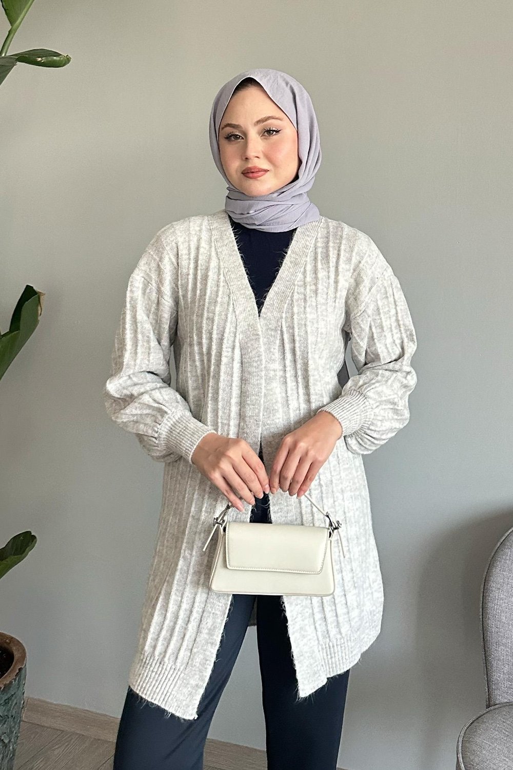 Plush Ribbed Grey Knit Cardigan