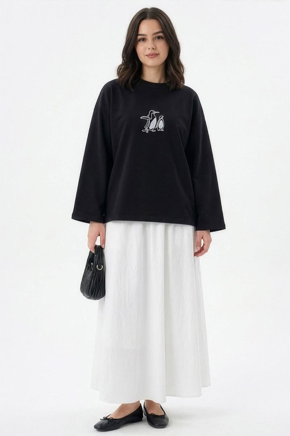 Penguen Nakışlı Oversize Siyah Sweat