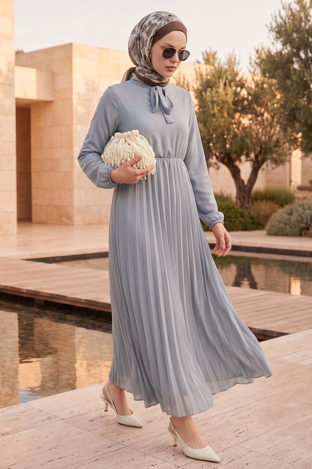 Pleated Limelda Gray Chiffon Dress