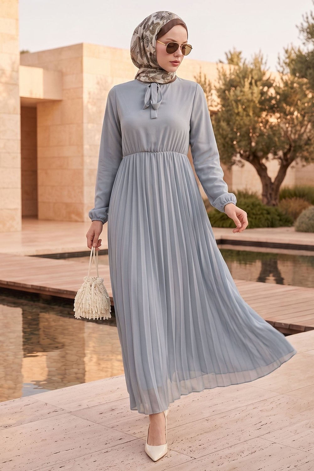 Pleated Limelda Gray Chiffon Dress