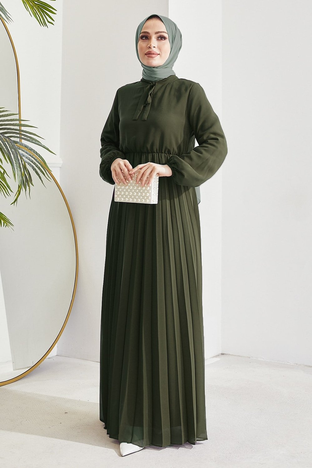 Pleated Limelda Olive Green Chiffon Dress