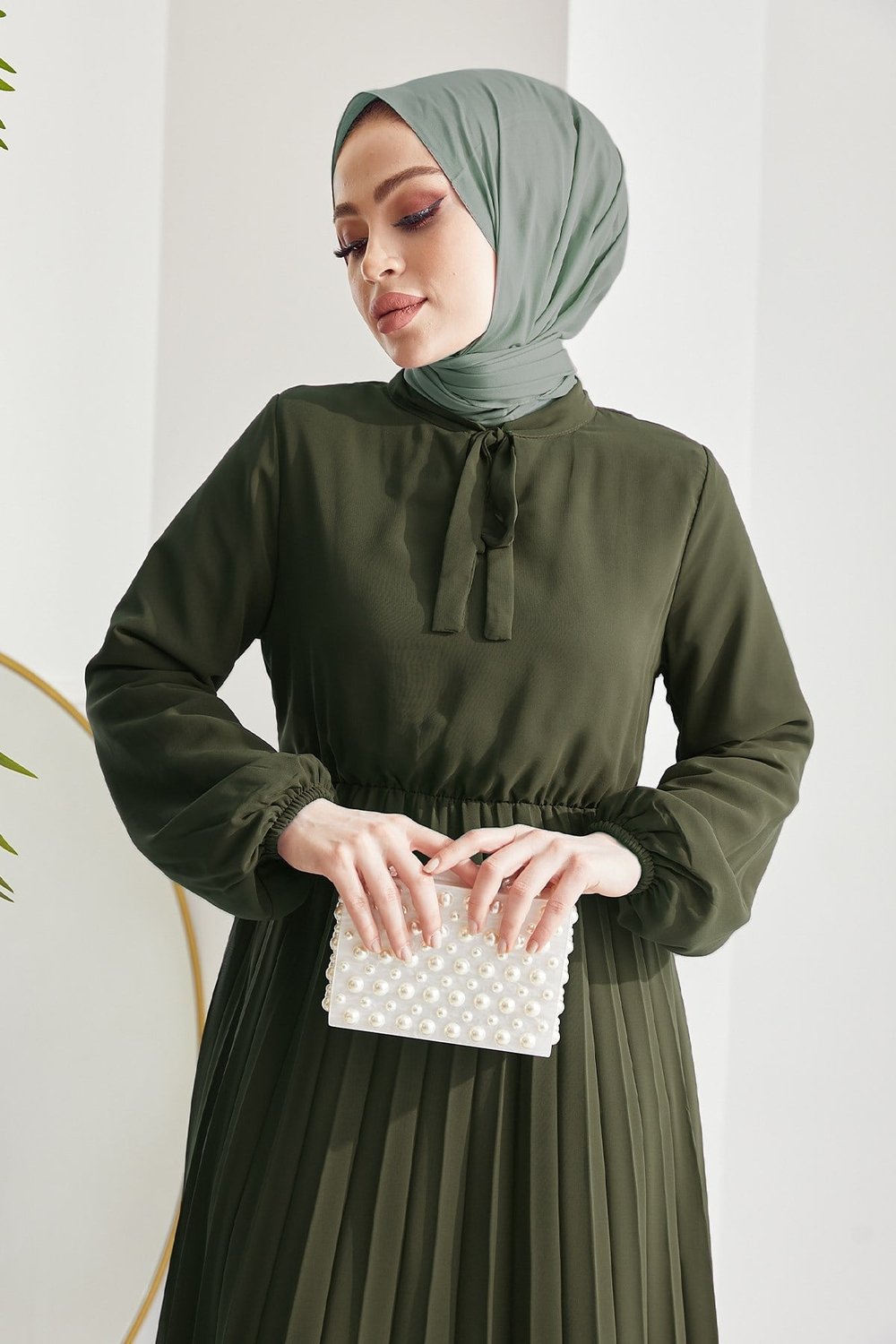 Pleated Limelda Olive Green Chiffon Dress
