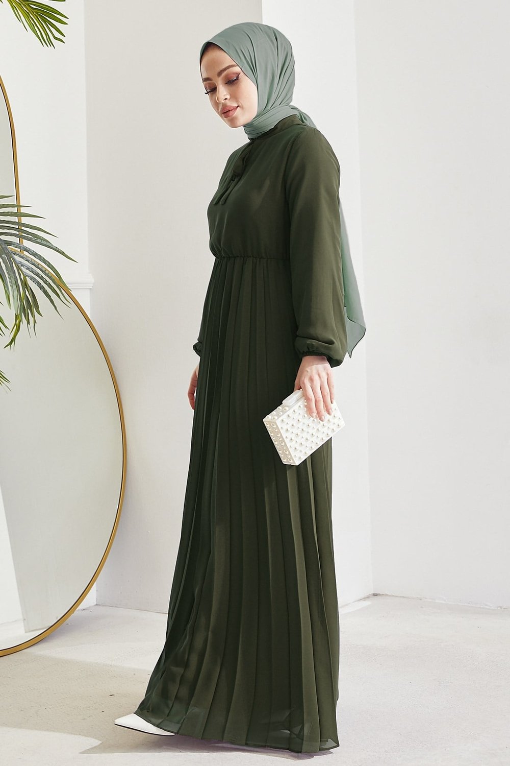 Pleated Limelda Olive Green Chiffon Dress
