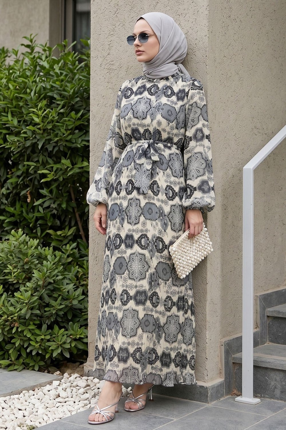 Pleated Shawl Pattern Gray Chiffon Dress