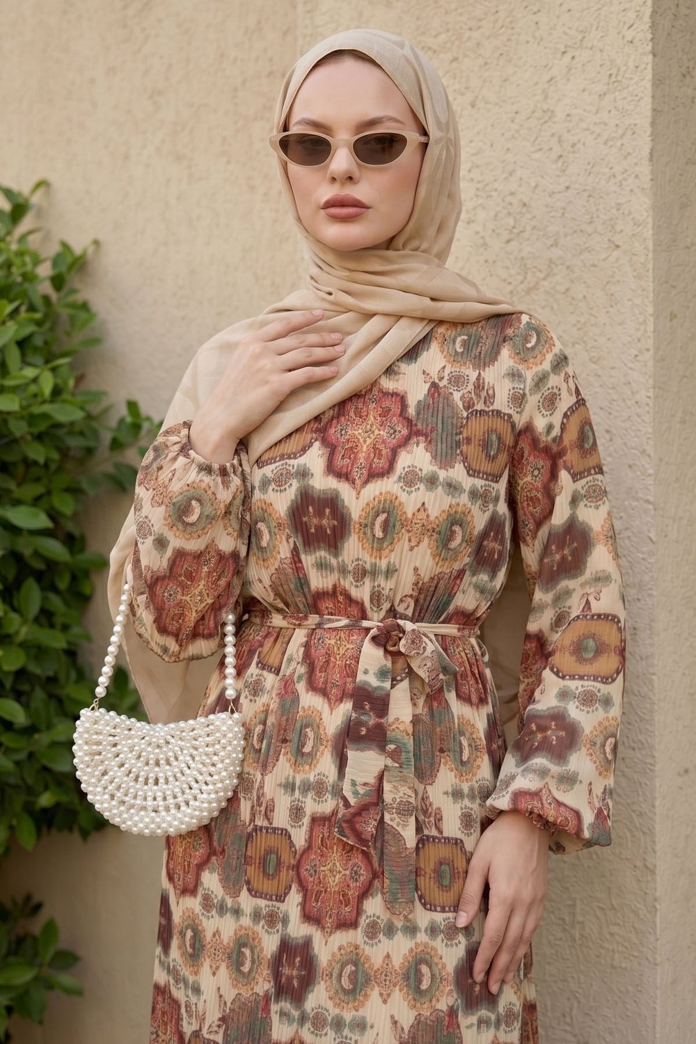 Pleated Shawl Pattern Red Chiffon Dress