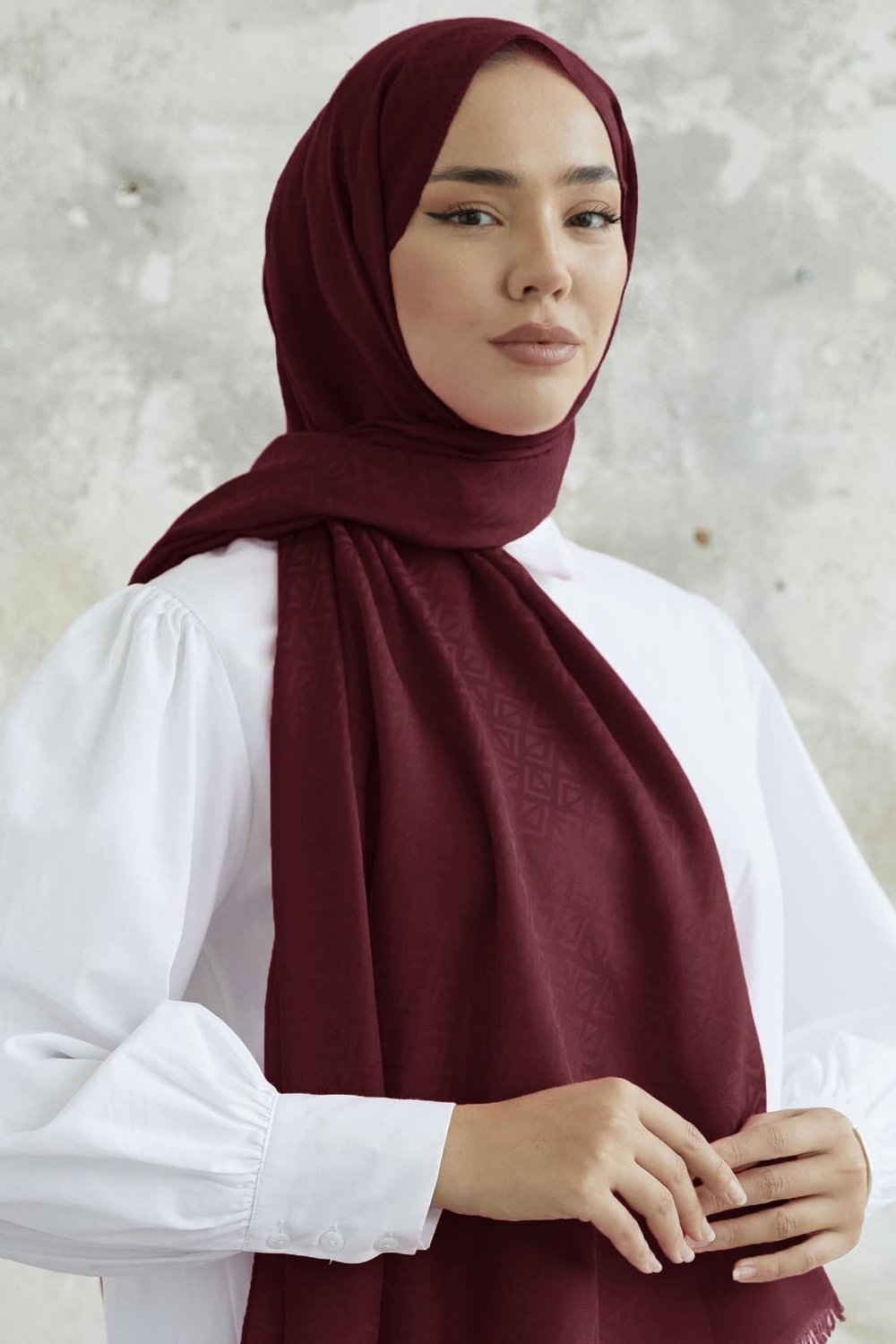 Piramit Desen Jakar Şal - Bordo