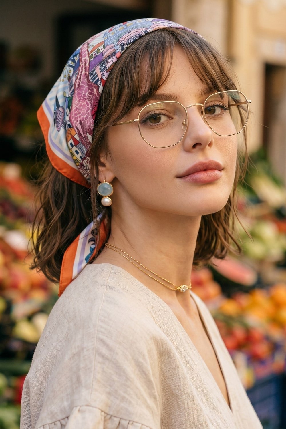 Renkli Desenli Turuncu-Mavi Soft Bandana Fular 50x50