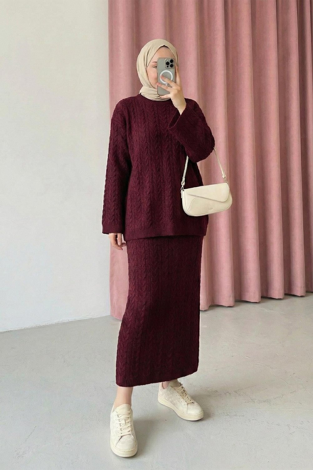 Saç Örgülü Triko Bordo Atkılı Takım