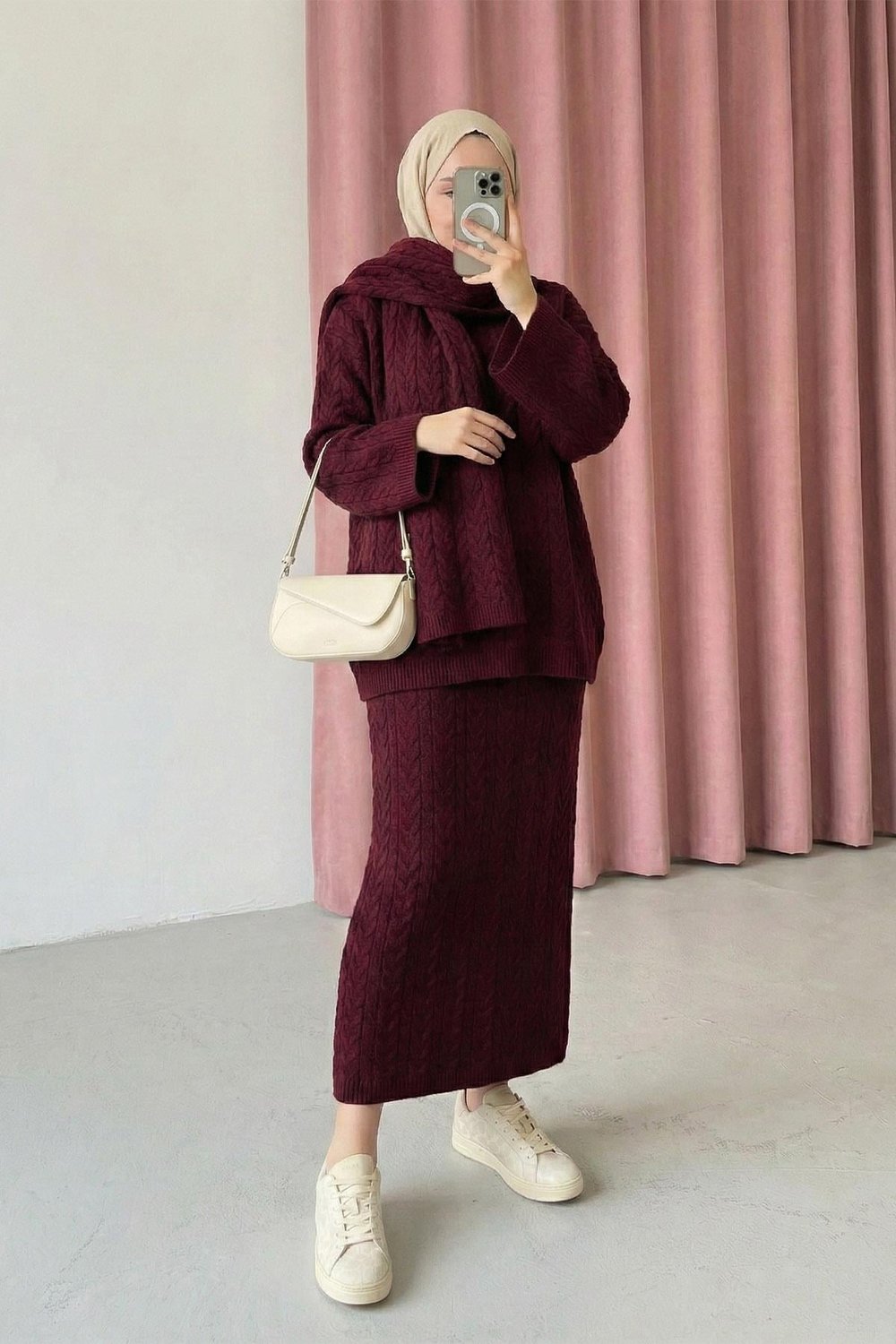 Saç Örgülü Triko Bordo Atkılı Takım