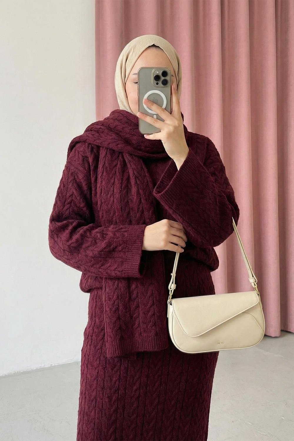 Saç Örgülü Triko Bordo Atkılı Takım