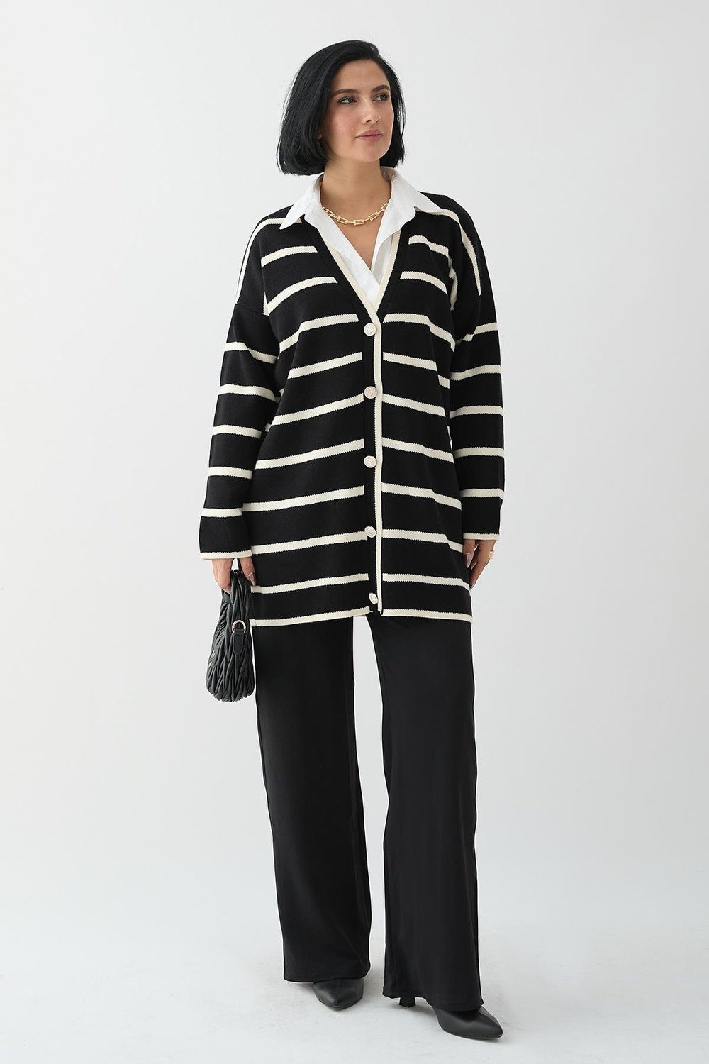 Loose Striped Black Knit Cardigan