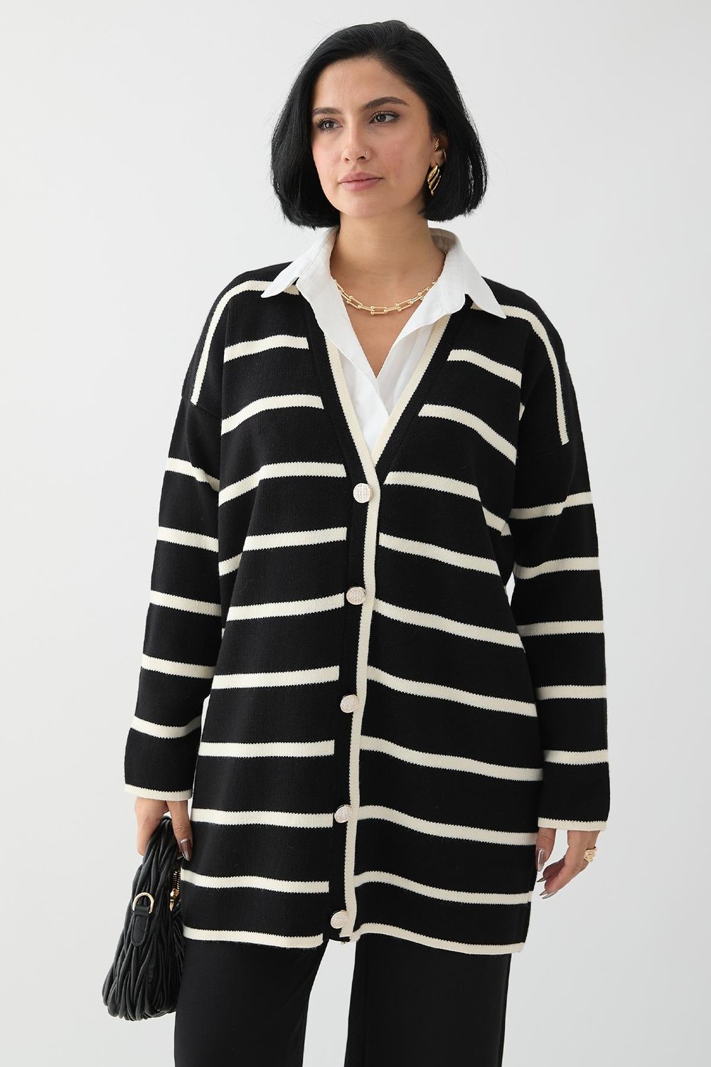 Loose Striped Black Knit Cardigan