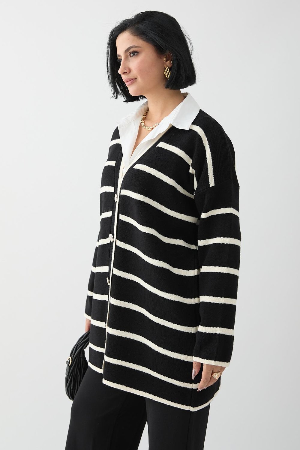Loose Striped Black Knit Cardigan