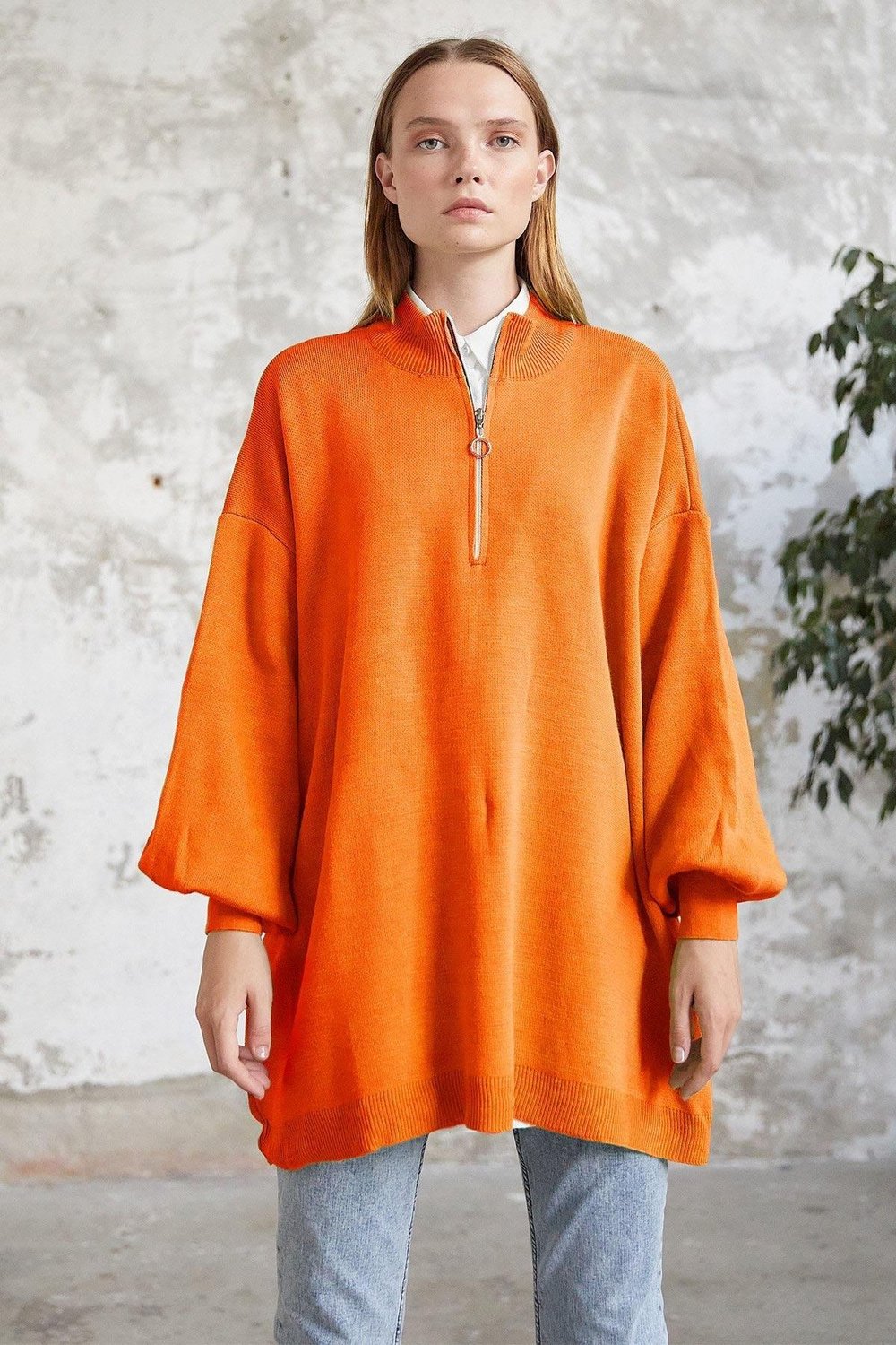 Sara Fermuarlı Triko Tunik - Oranj
