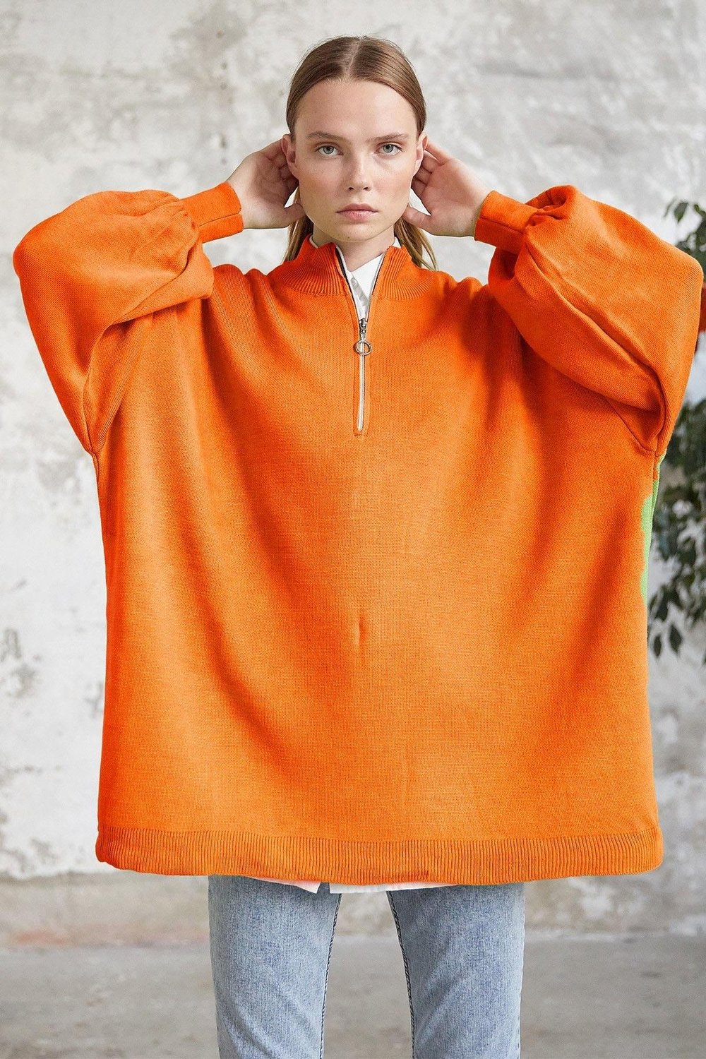 Sara Fermuarlı Triko Tunik - Oranj