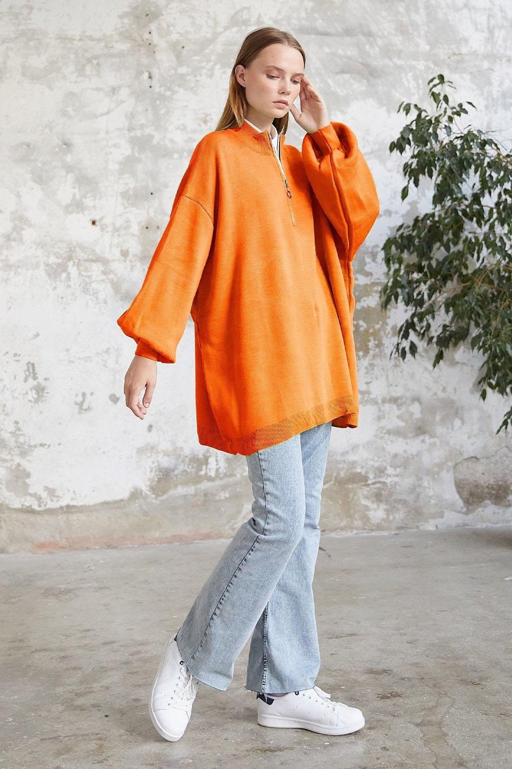 Sara Fermuarlı Triko Tunik - Oranj