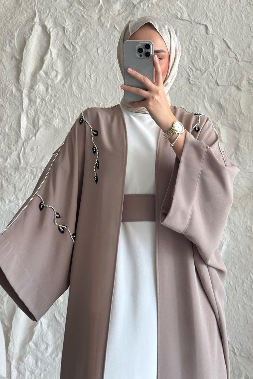 Sarmaşık Desen Taşlı Elbiseli Abaya Bej