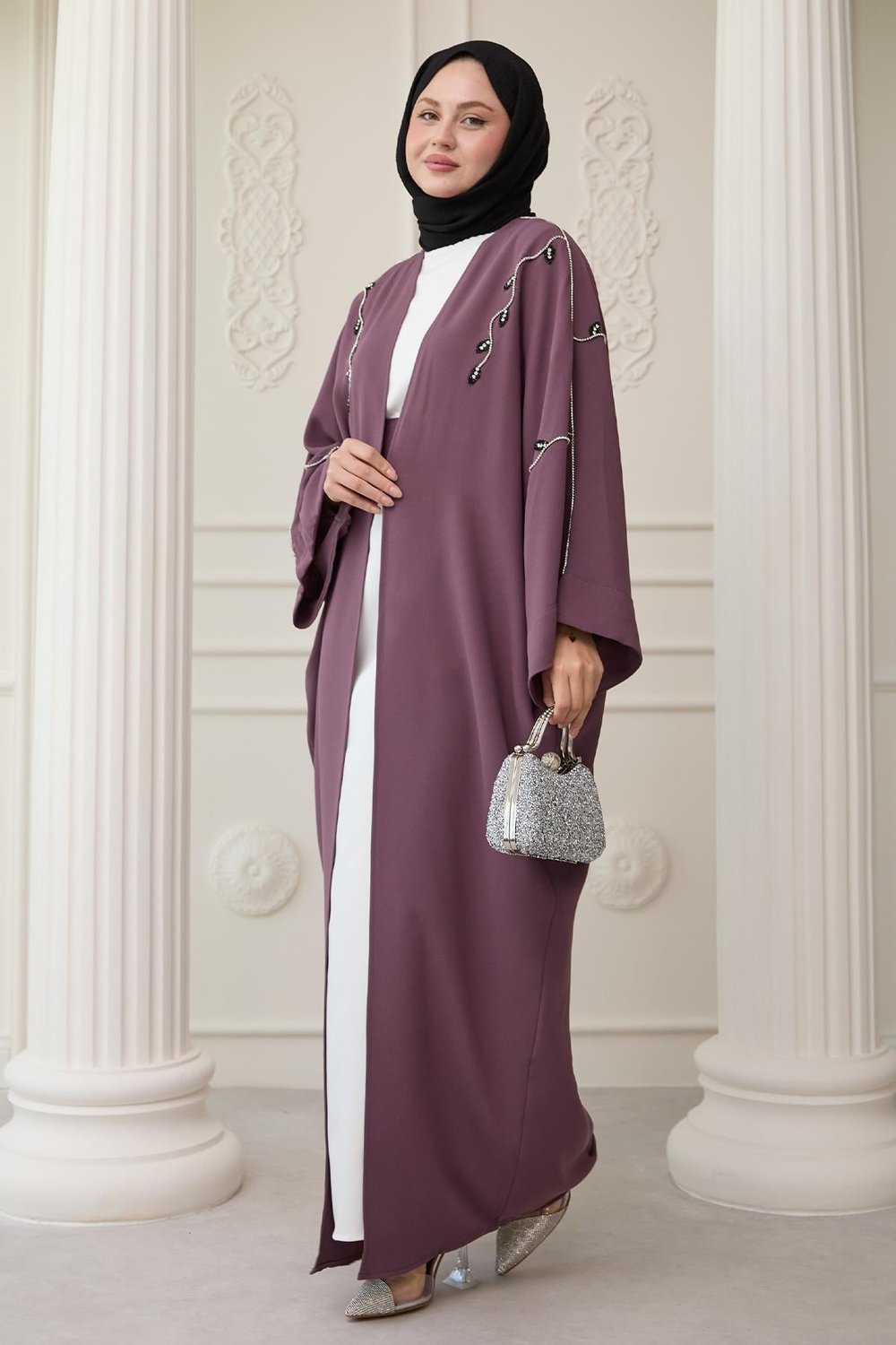 Sarmaşık Desen Taşlı Elbiseli Abaya Gül Kurusu