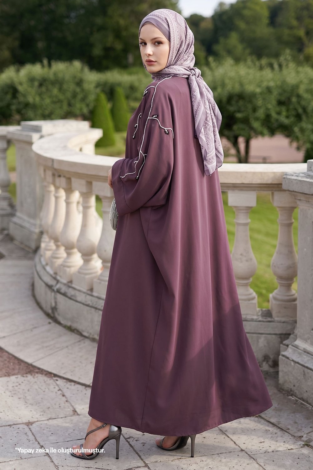 Sarmaşık Desen Taşlı Elbiseli Abaya Gül Kurusu