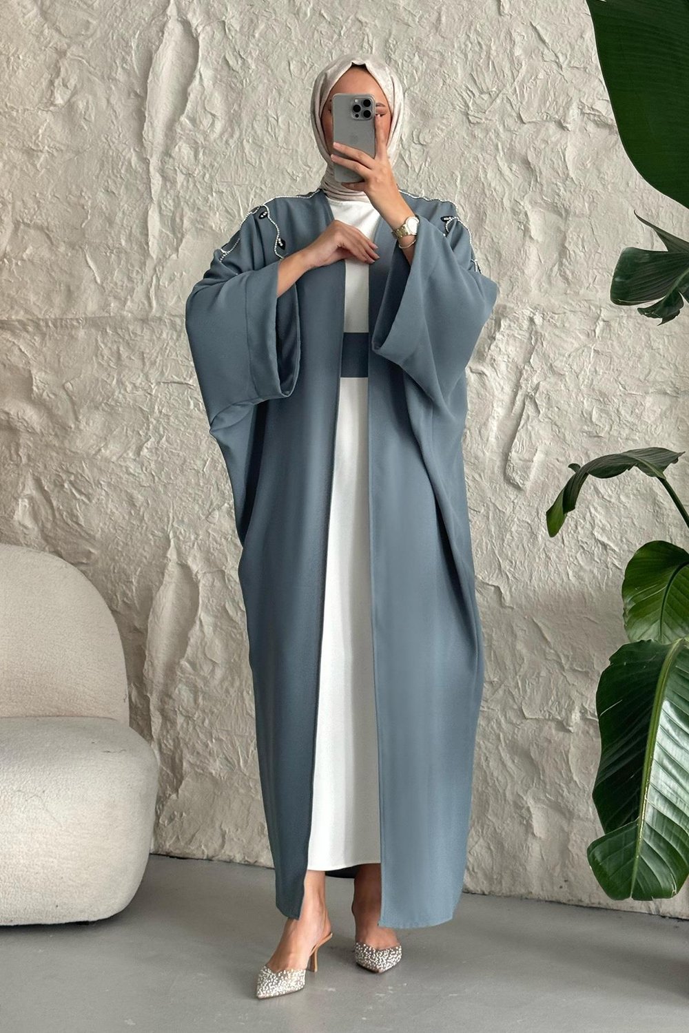 Sarmaşık Desen Taşlı Elbiseli Abaya Mint Yeşili