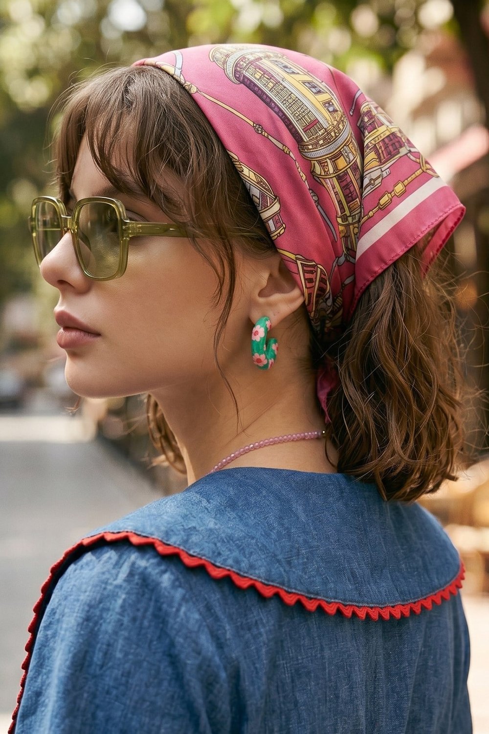 Şehir Desenli Şeker Pembe Bandana Fular 50x50