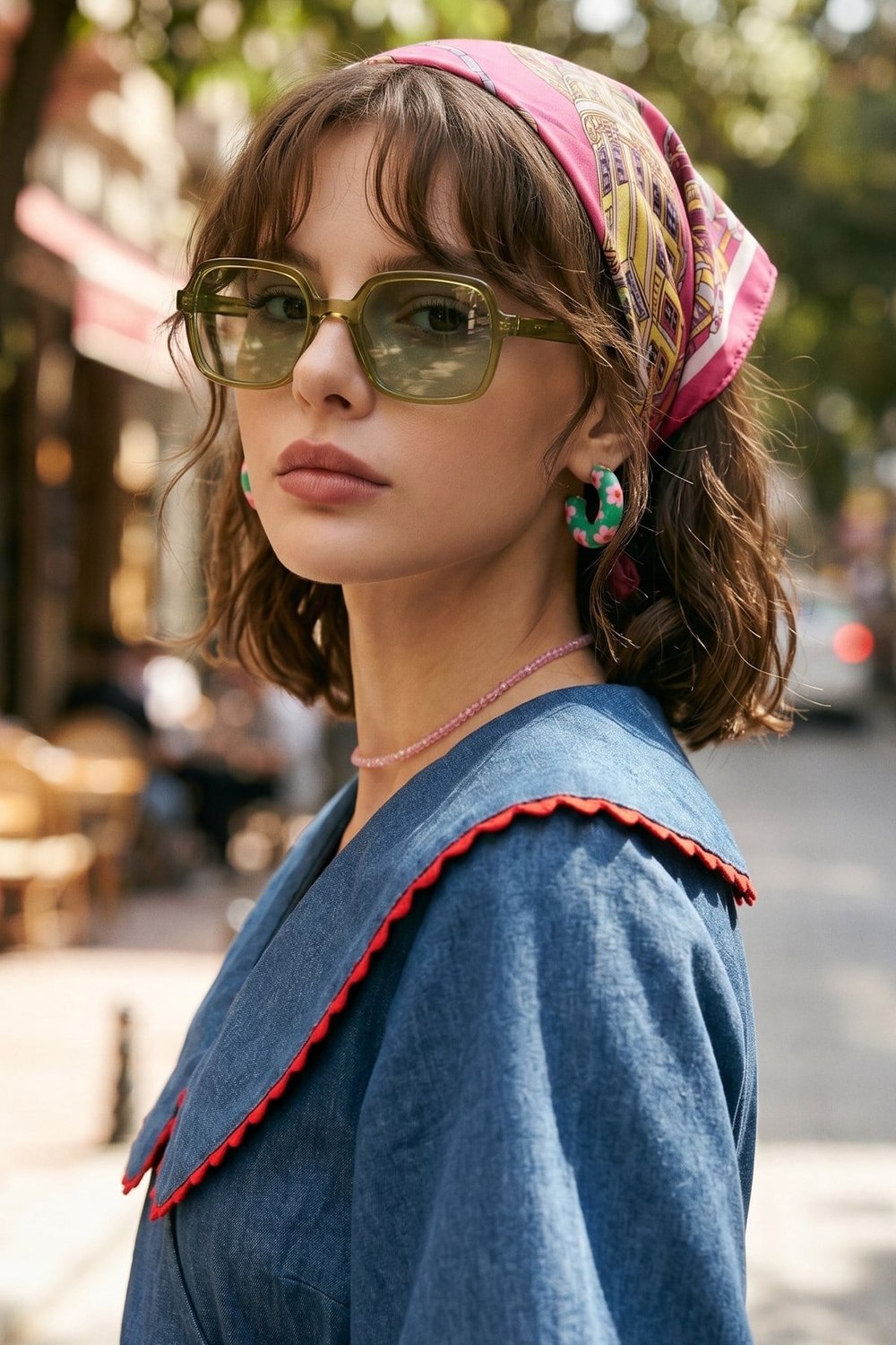 Şehir Desenli Şeker Pembe Bandana Fular 50x50