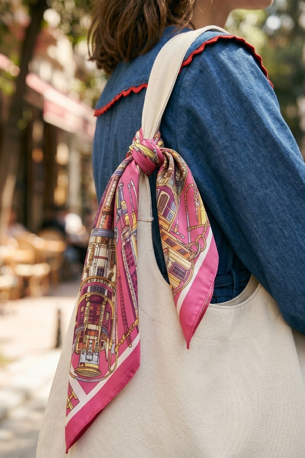 Şehir Desenli Şeker Pembe Bandana Fular 50x50