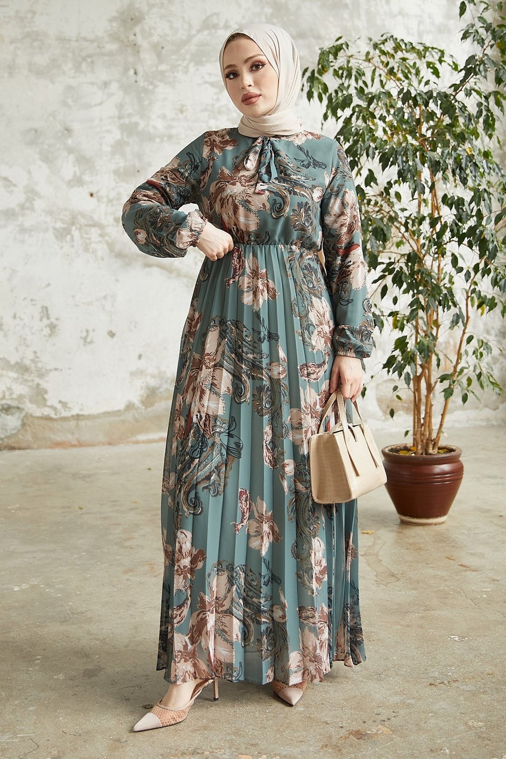 Serena Floral Pattern Pleated Petrol Green Chiffon Dress