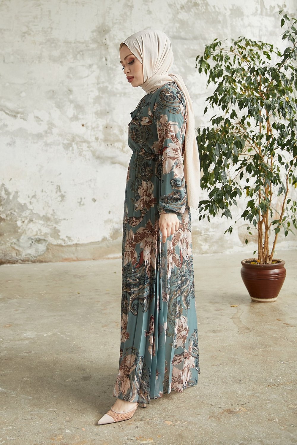 Serena Floral Pattern Pleated Petrol Green Chiffon Dress