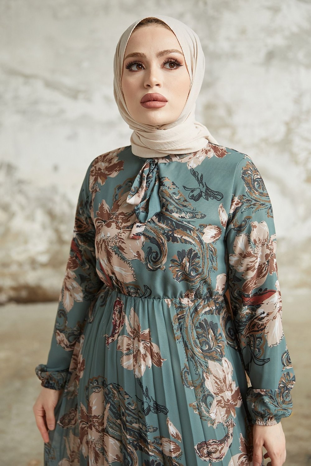 Serena Floral Pattern Pleated Petrol Green Chiffon Dress