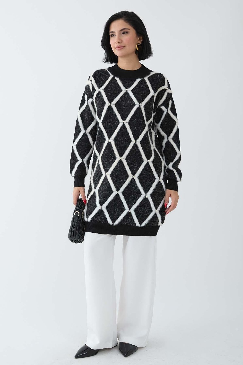 Striped Pearl Detail Black Knit Sweater